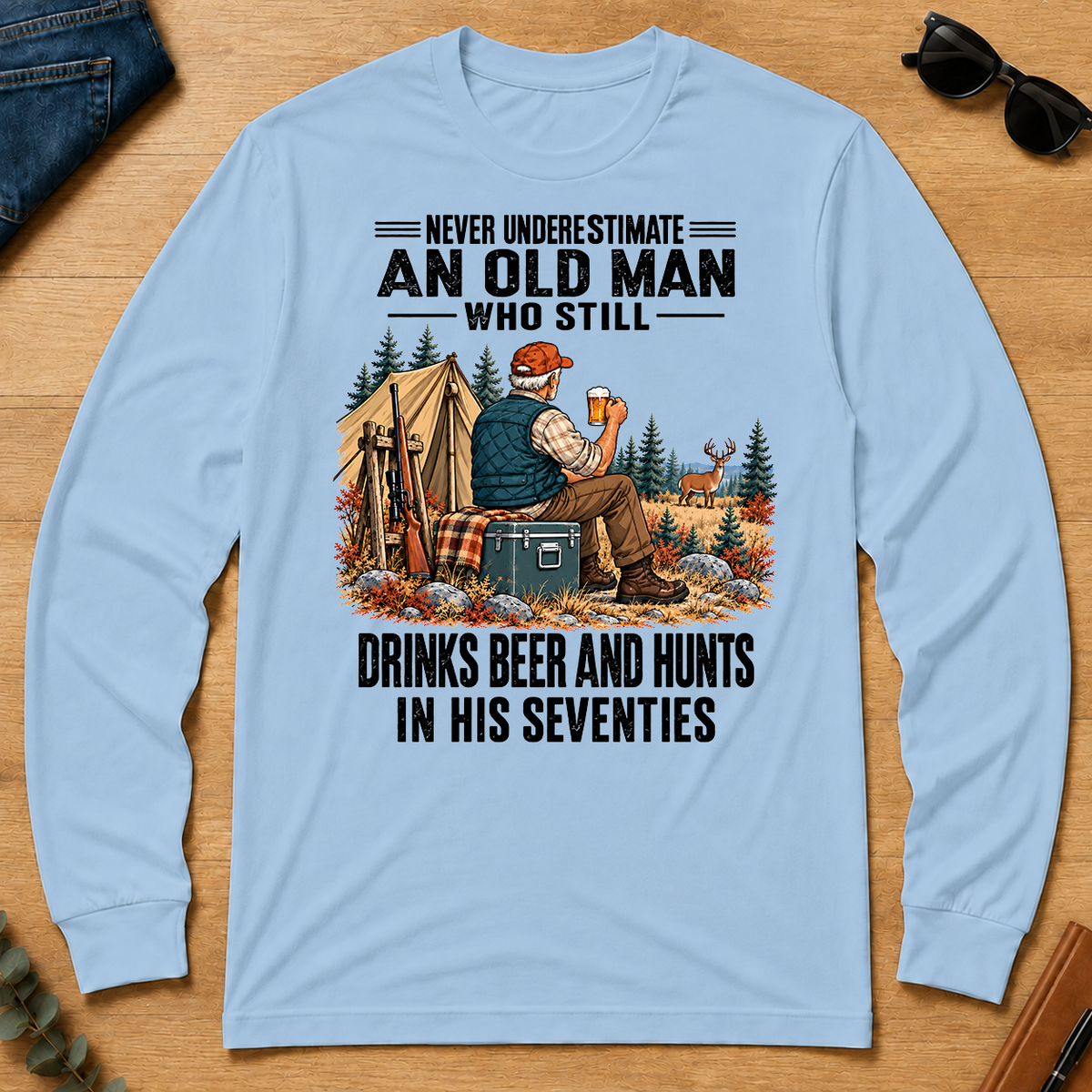 An Old Man Still Drinks Beer And Hunts In His 70s - light-blue - LST2D-LightBlue