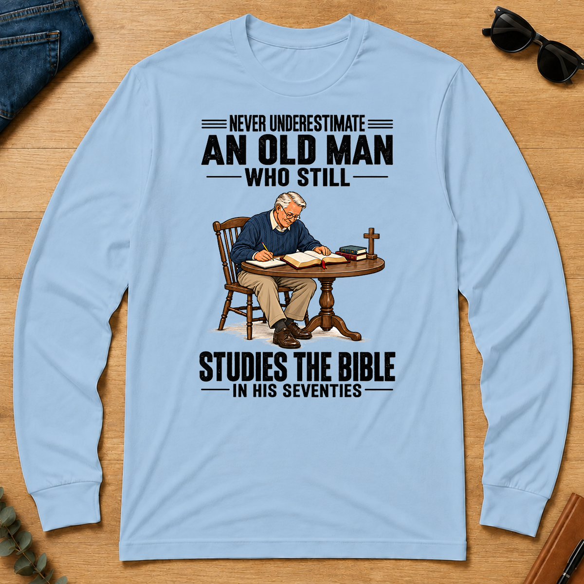 An Old Man Still Studies The Bible In His 70s - light-blue - LST2D-LightBlue