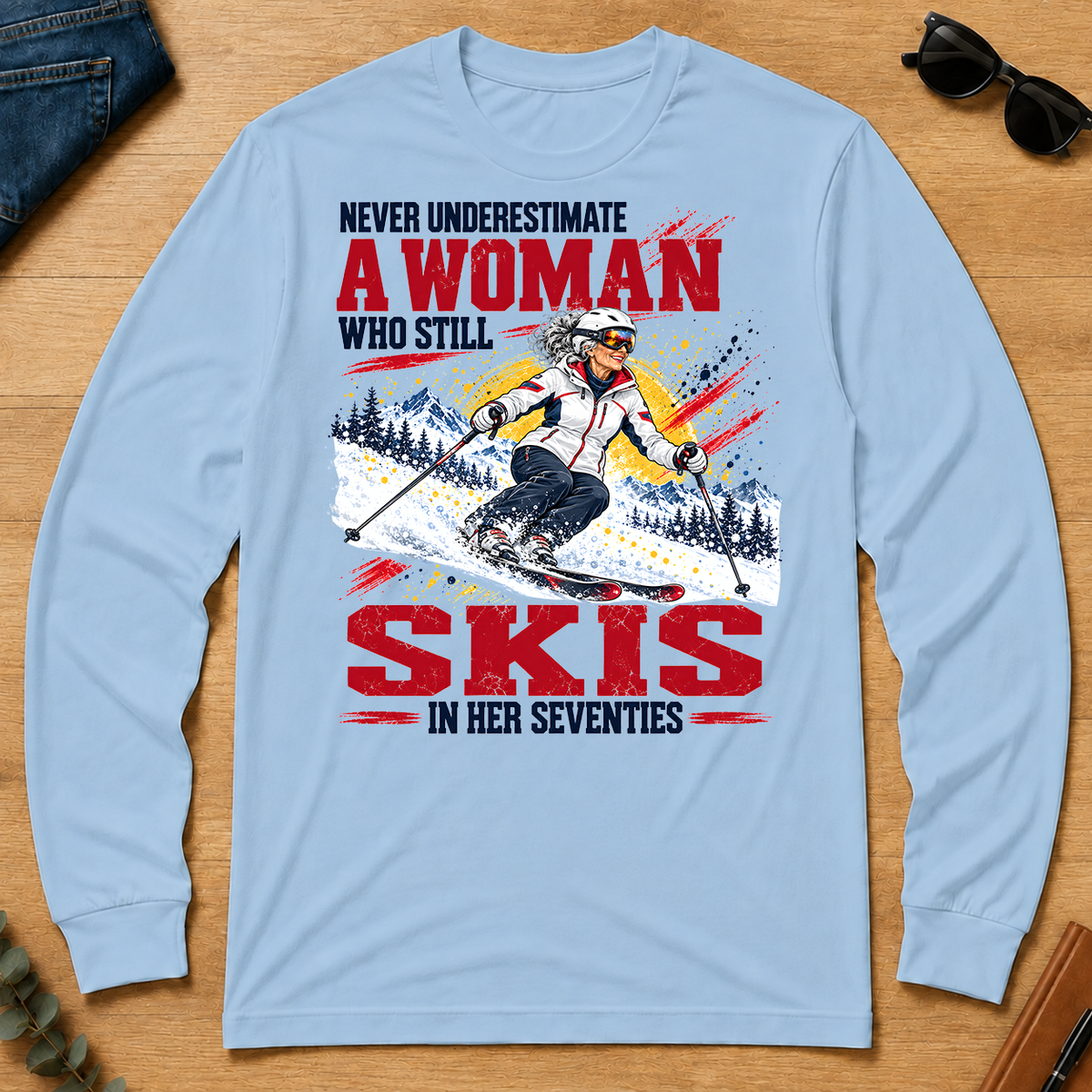 A Woman Still Skis In Her 70s - light-blue - LST2D-LightBlue