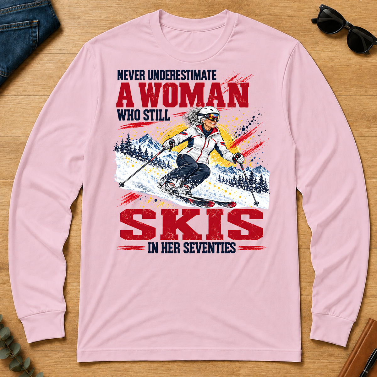 A Woman Still Skis In Her 70s - light-pink - LST2D-LightPink