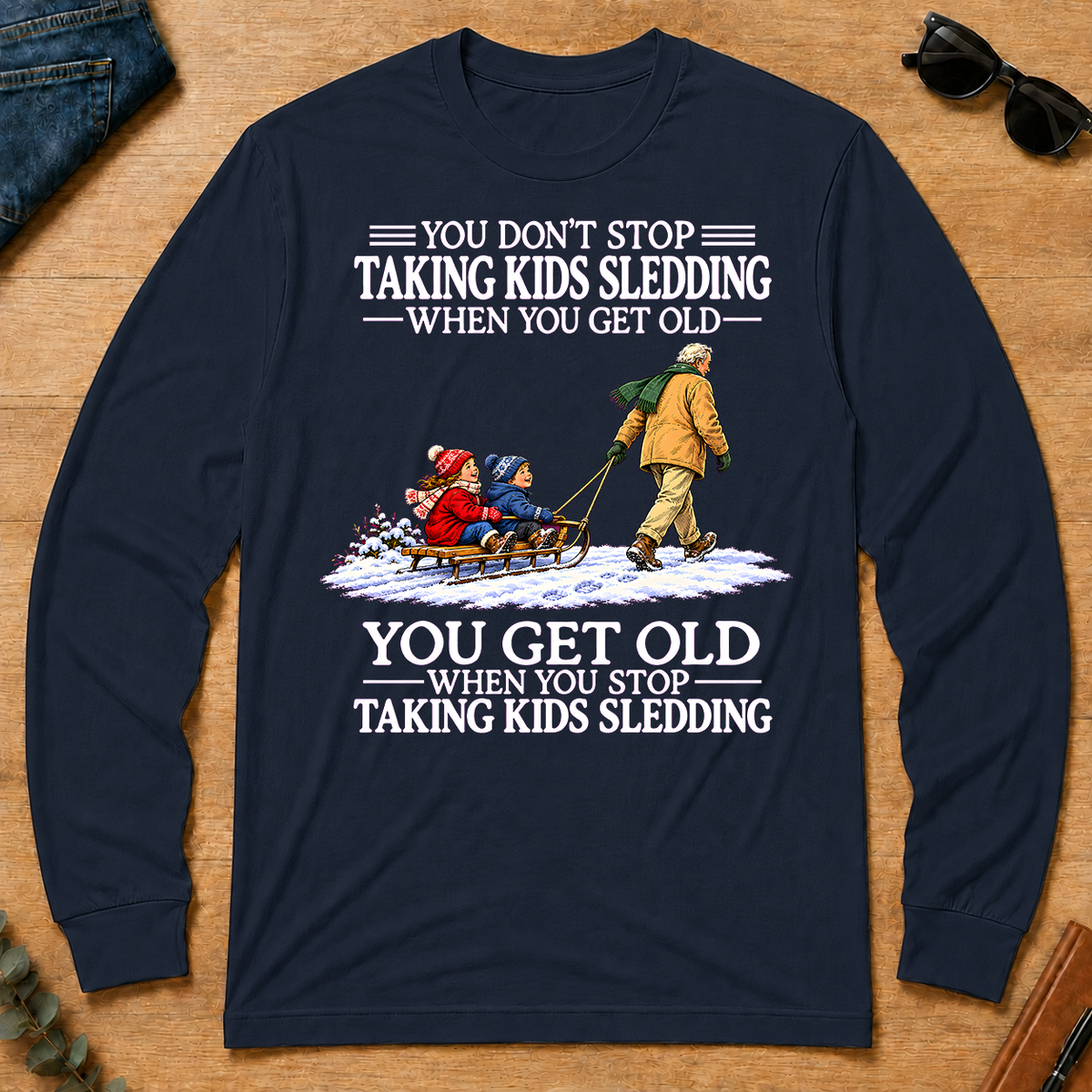 Old Man Don't Stop Taking Kids Sledding - navy - LST2D-Navy