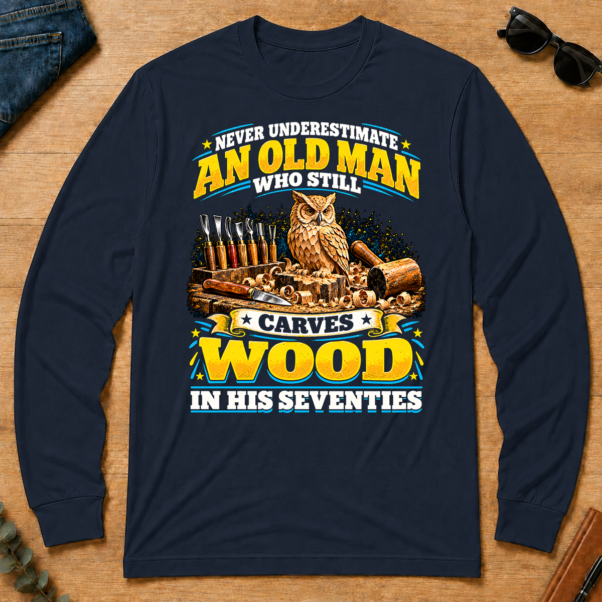 Yellow An Old Man Still Carves Wood In His Seventies - navy - LST2D-Navy