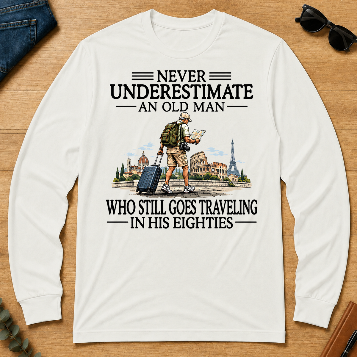 Never Underestimate An Old Man Traveling 80s - white - LST2D-White
