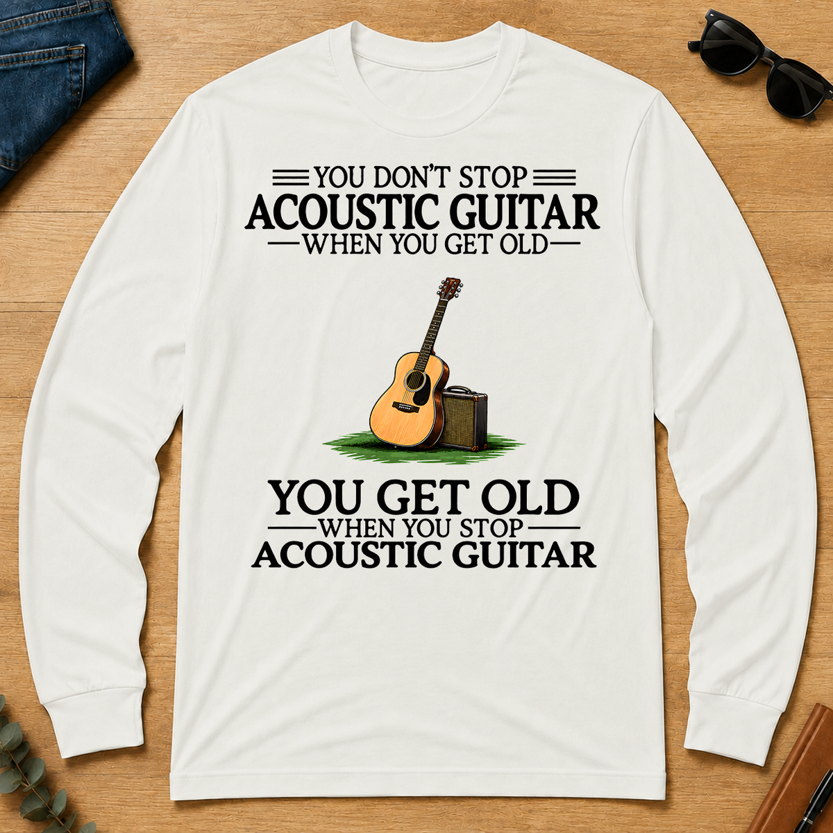 Don't Stop Playing Acoustic Guitar Vintage Art - white - LST2D-White