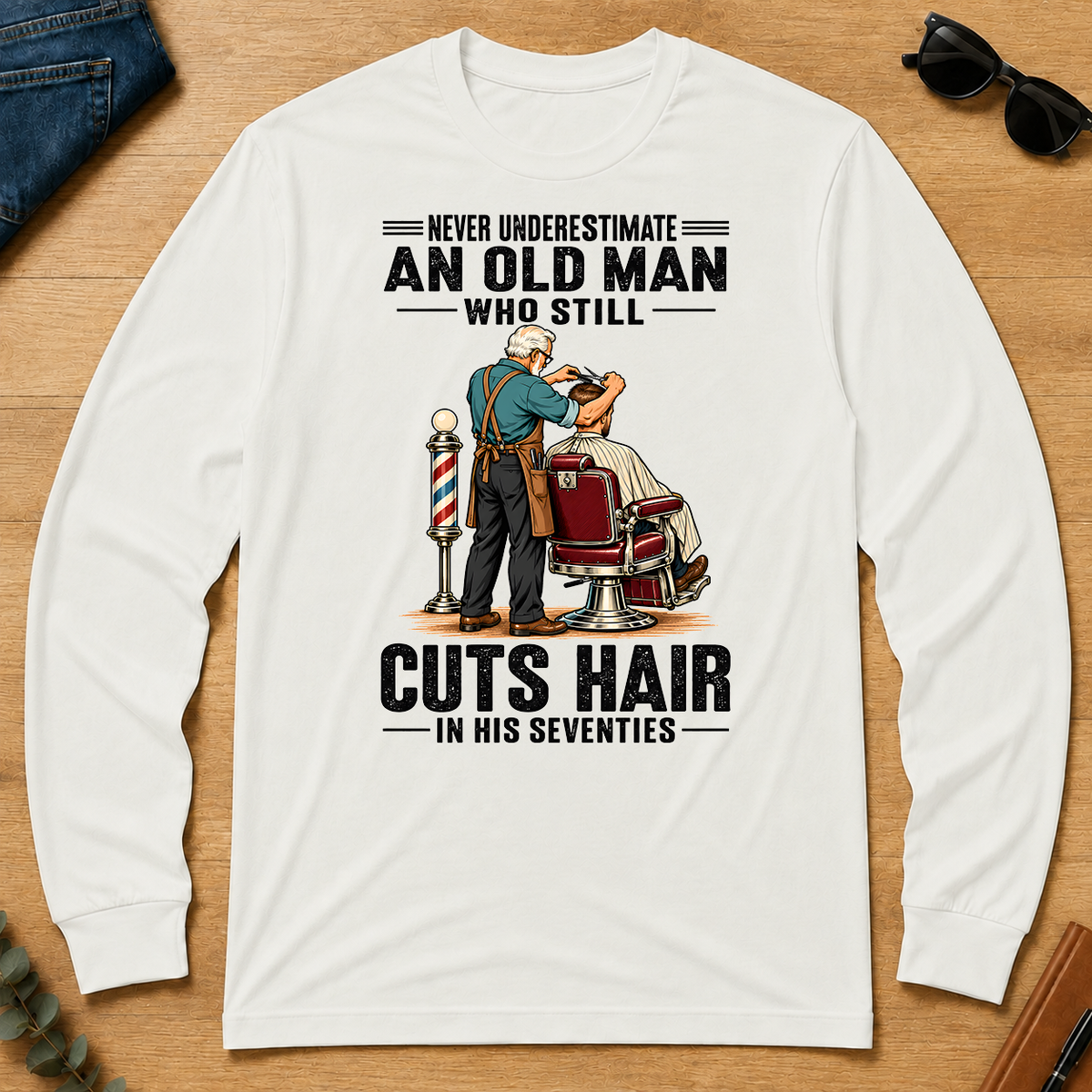 An Old Man Still Cuts Hair In His 70s - white - LST2D-White