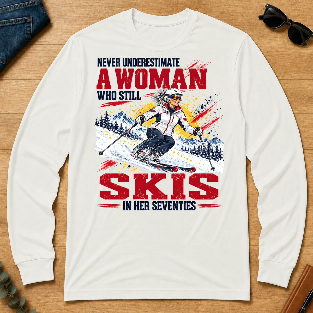 A Woman Still Skis In Her 70s - white - LST2D-White