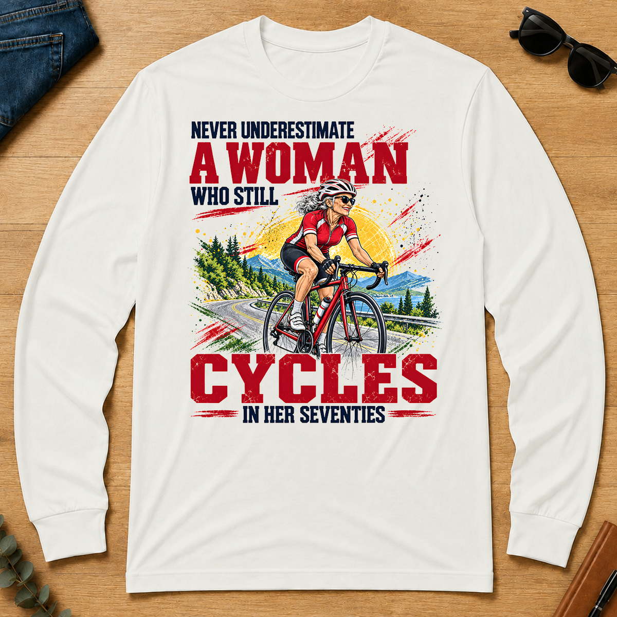 A Woman Still Cycles In Her 70s - white - LST2D-White