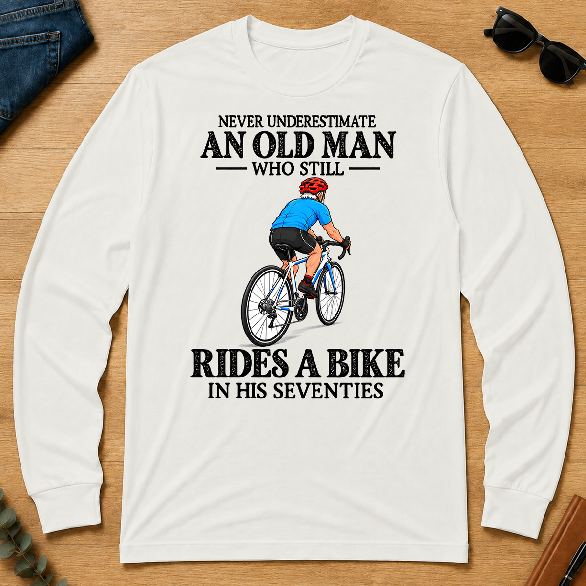 An Old Man Still Rides A Bike In His Seventies - white - LST2D-White