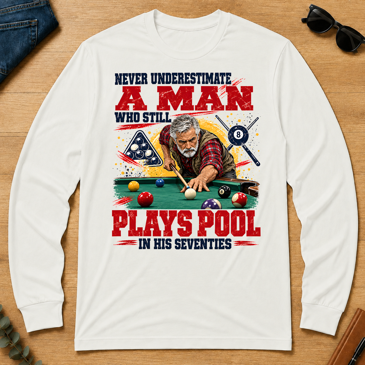 A Man Still Plays Pool In His 70s - white - LST2D-White