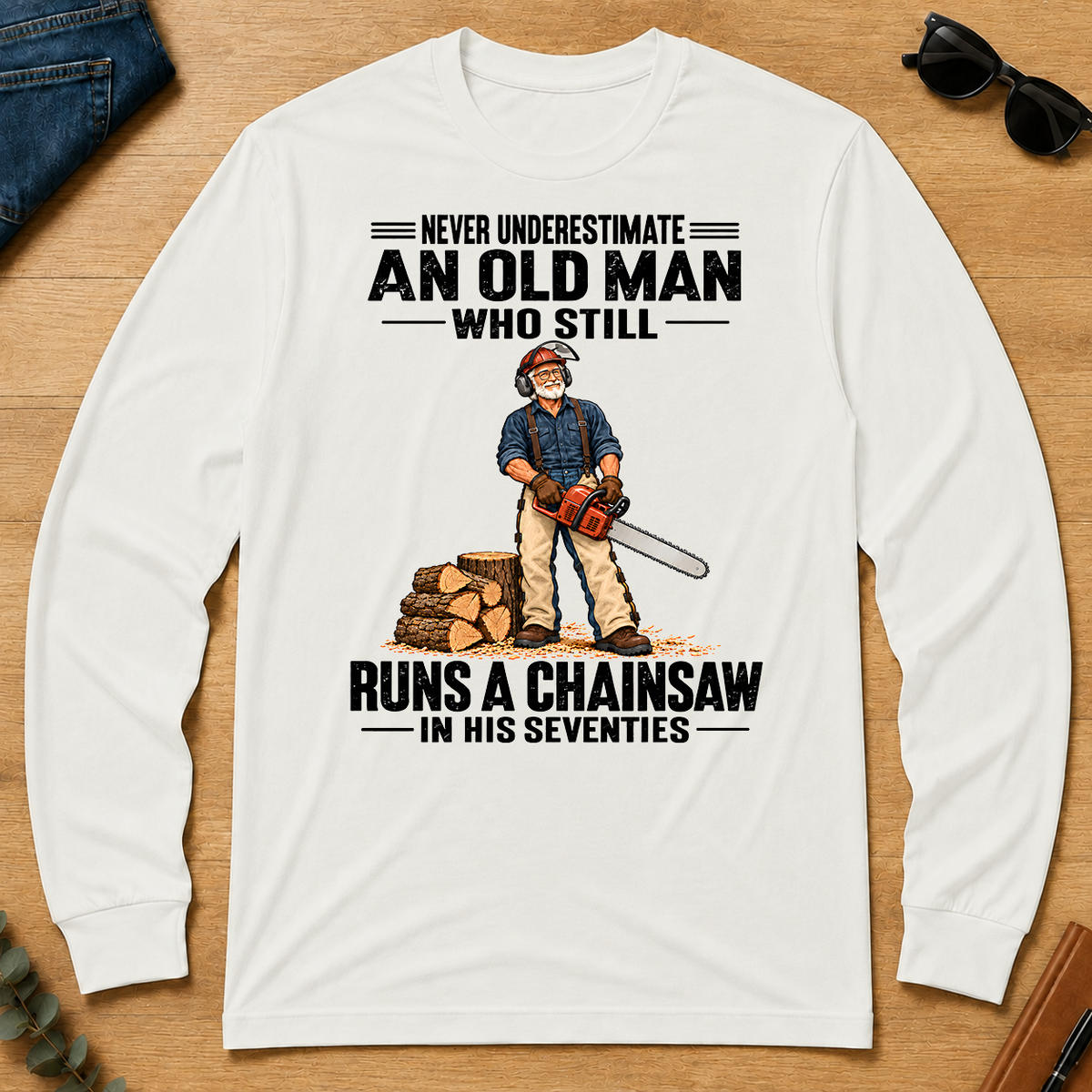 An Old Man Still Runs A Chainsaw In His 70s - white - LST2D-White