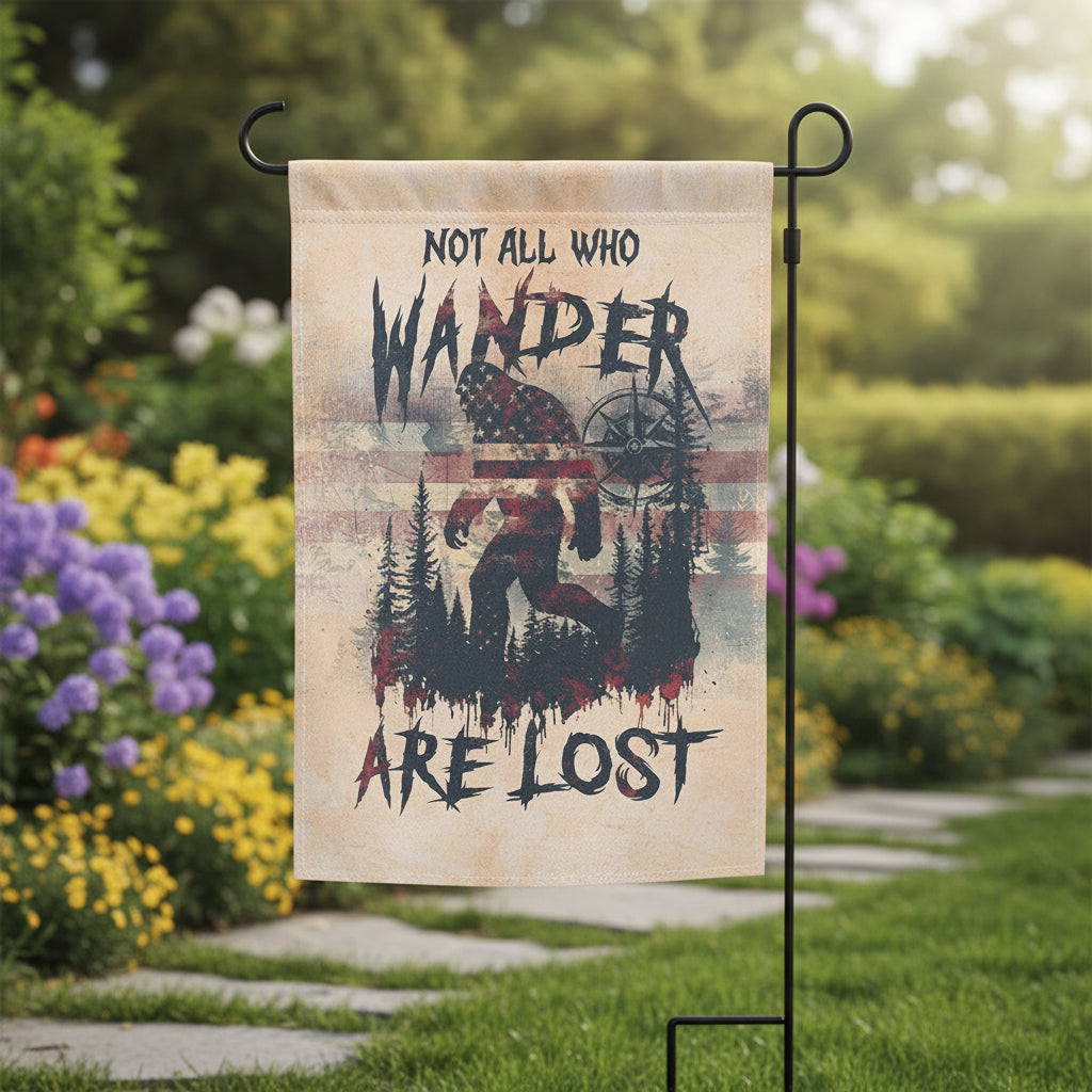 Vintage Bigfoot Not All Who Wander Are Lost Compass USA Flag Decor