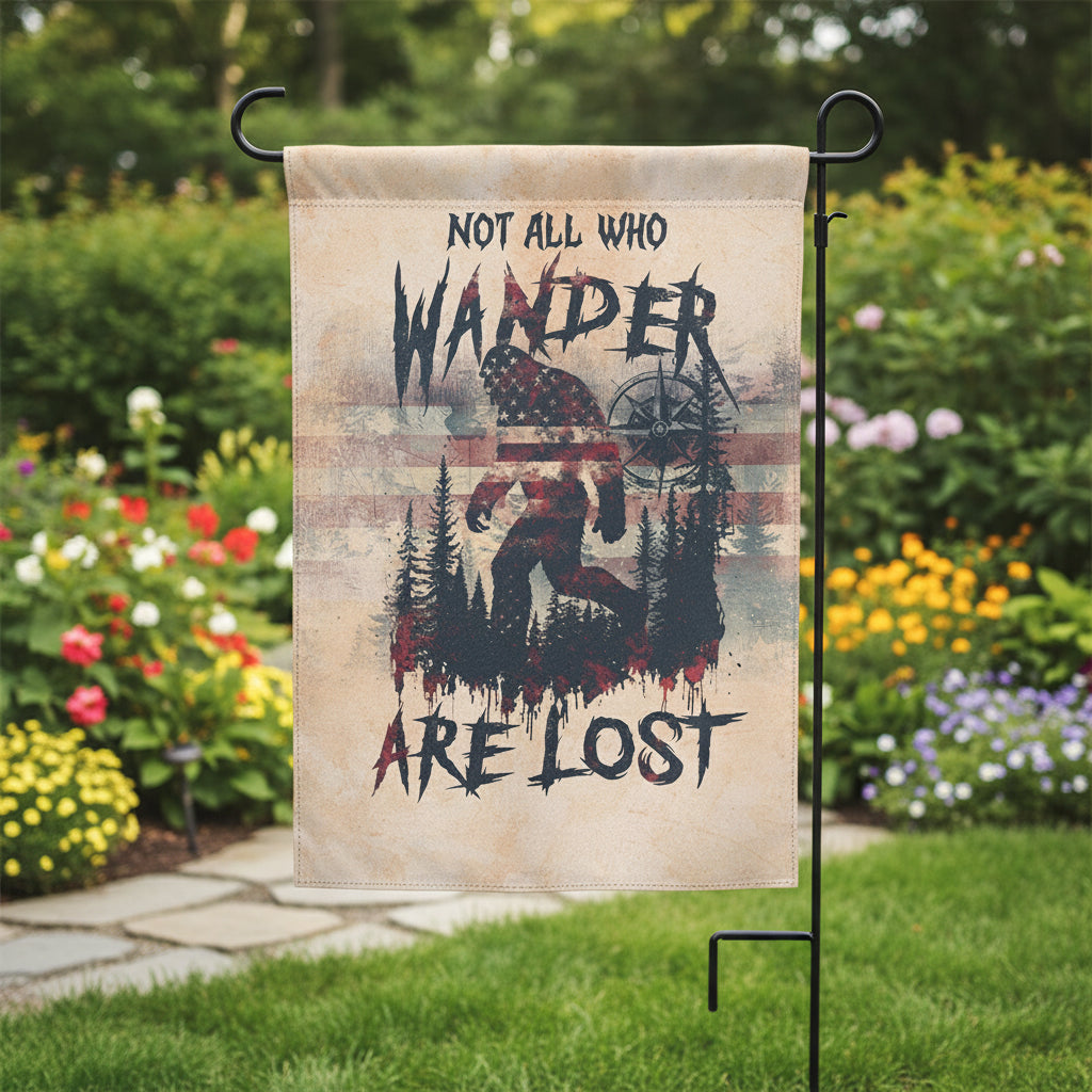 Vintage Bigfoot Not All Who Wander Are Lost Compass USA Flag Decor