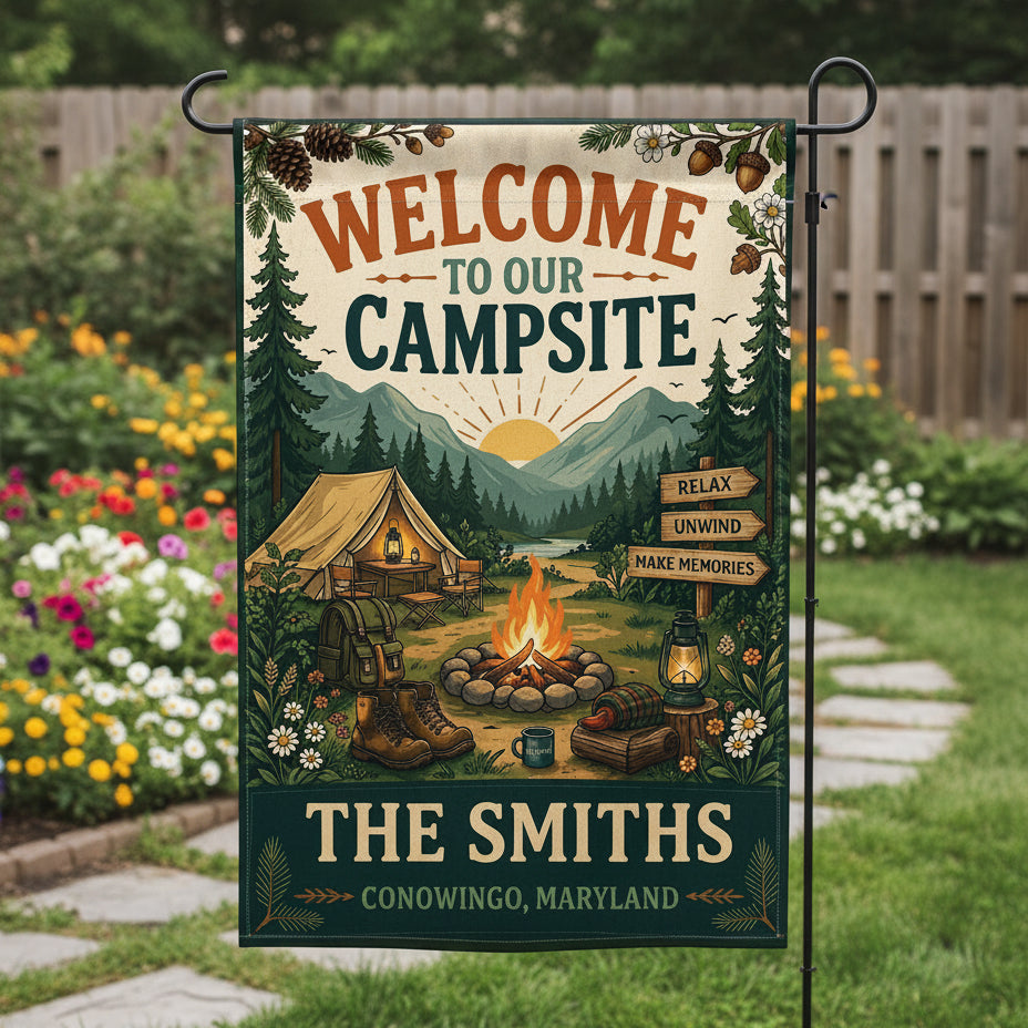 Personalized Welcome To Our Campsite Relax Flag Decor