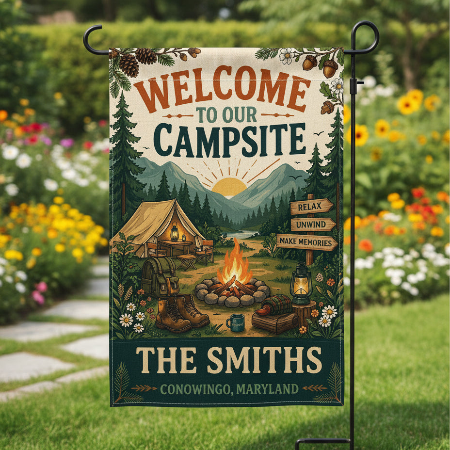 Personalized Welcome To Our Campsite Relax Flag Decor