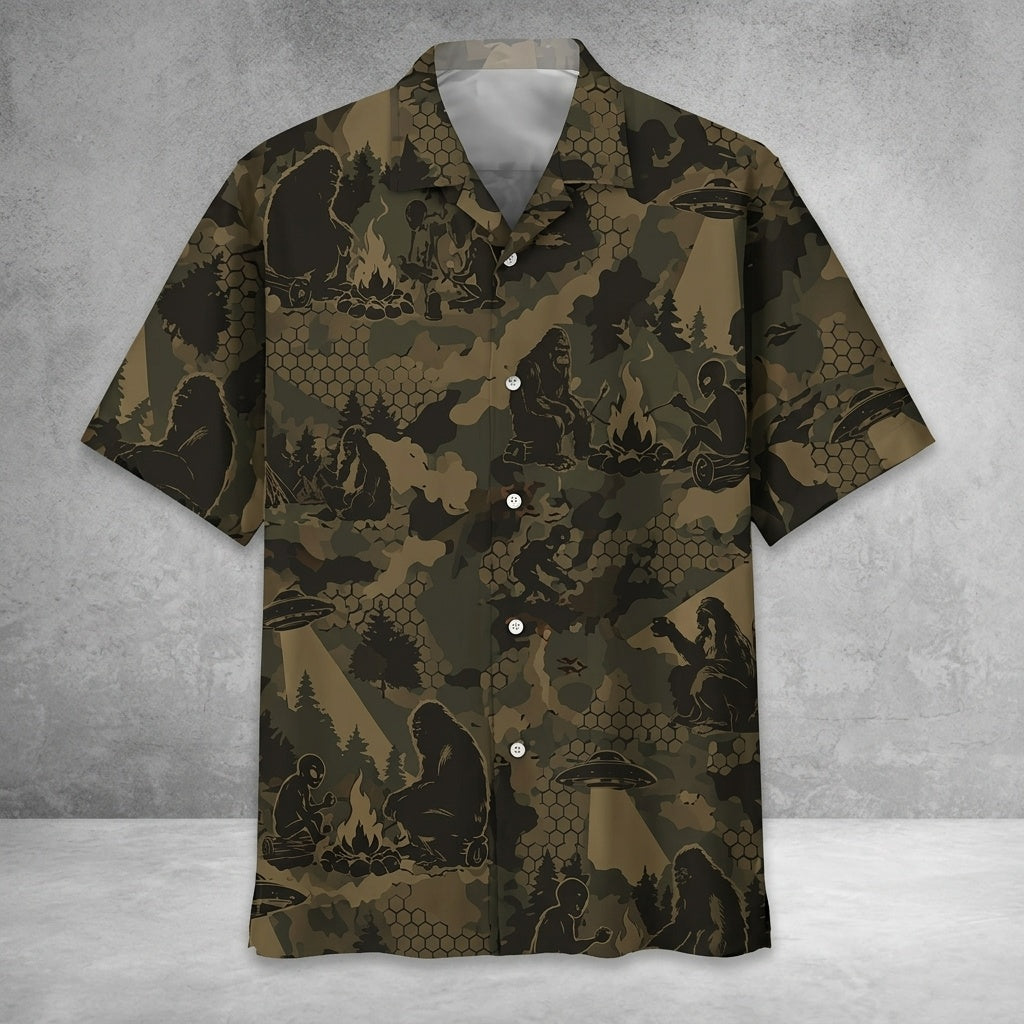 Bigfoot and Alien Camping Camouflage Hawaiian Shirt