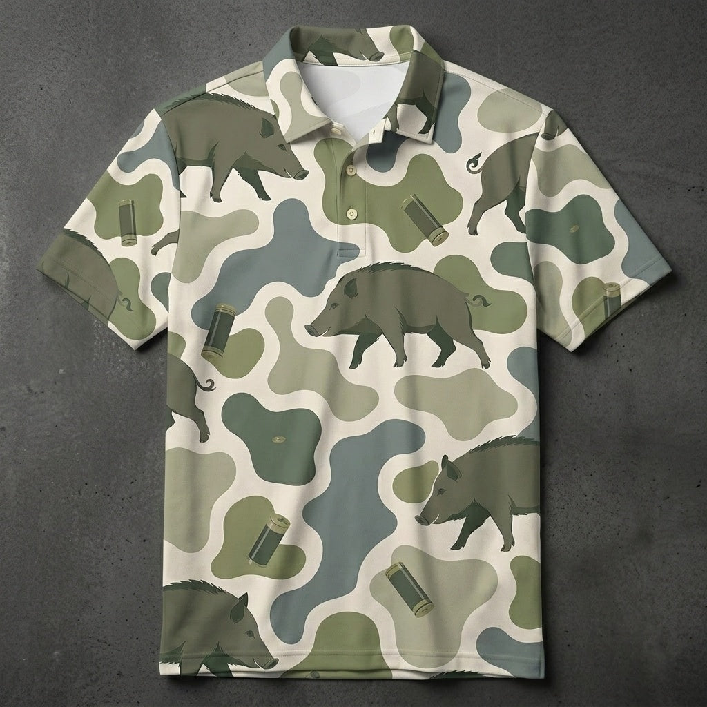 Hog Camouflage Hunting Funny Pattern Men Polo Shirt