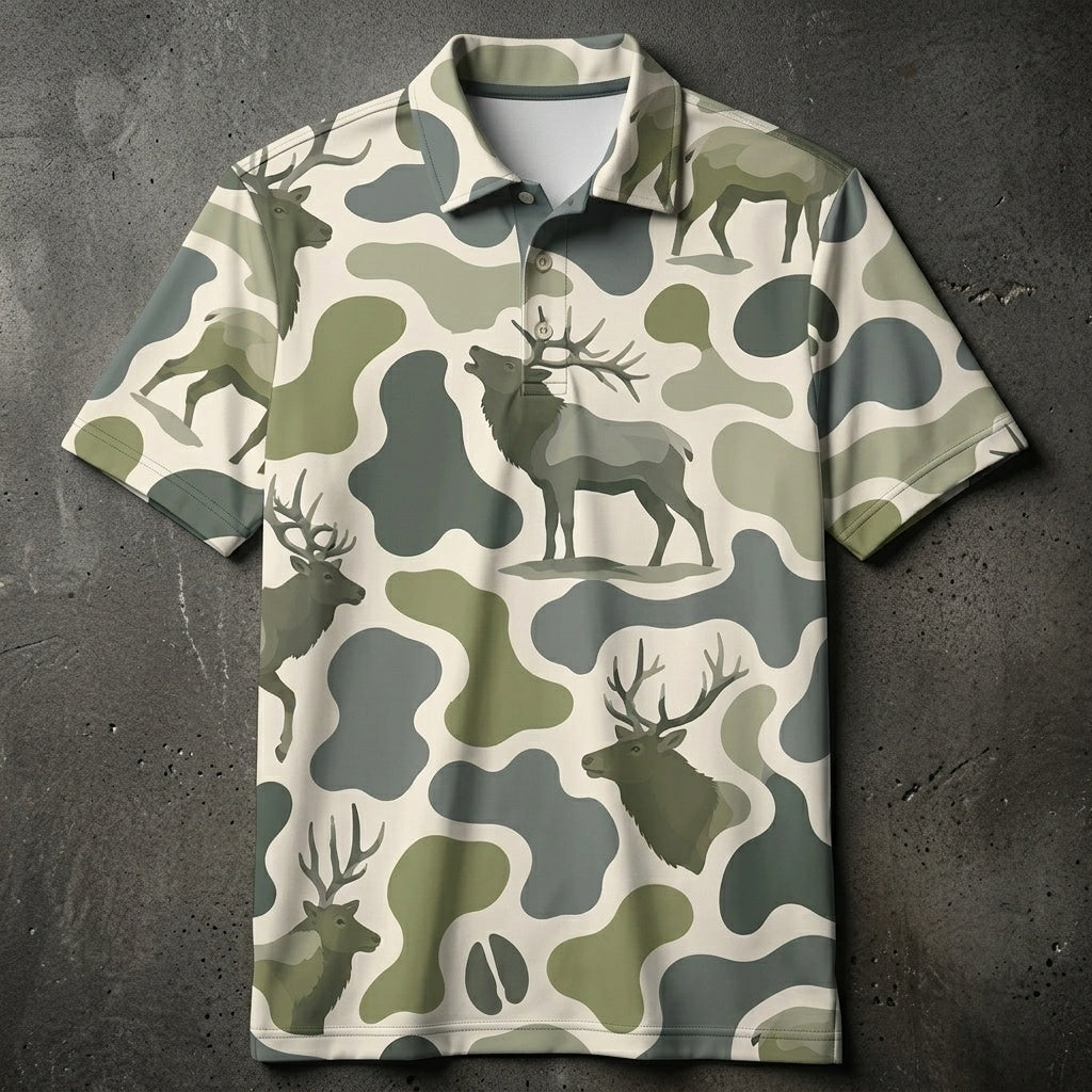 Moose Camouflage Hunting Funny Pattern Men Polo Shirt