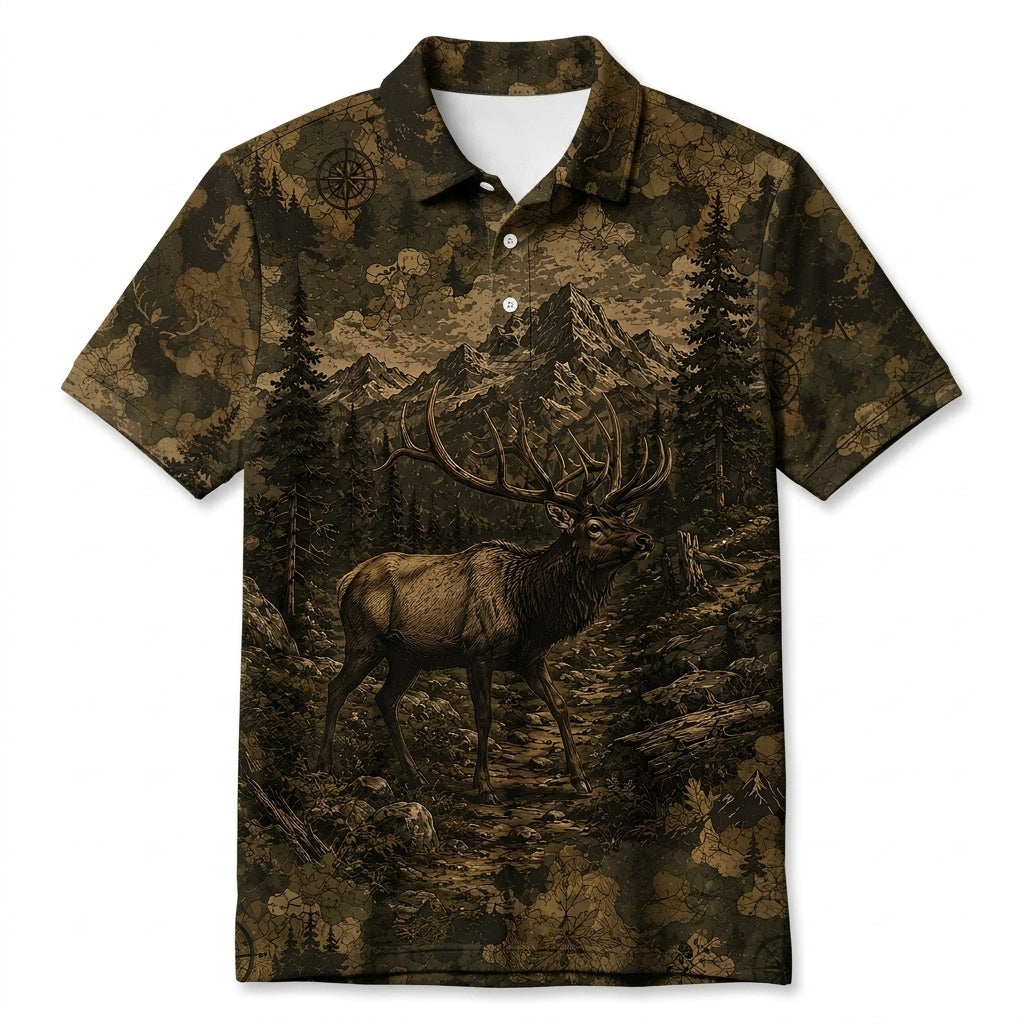 Elk Forest Camouflage Dark Men Polo Shirt