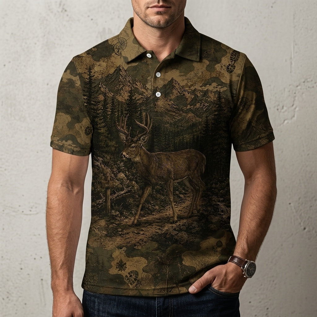 Deer Forest Camouflage Dark Men Polo Shirt