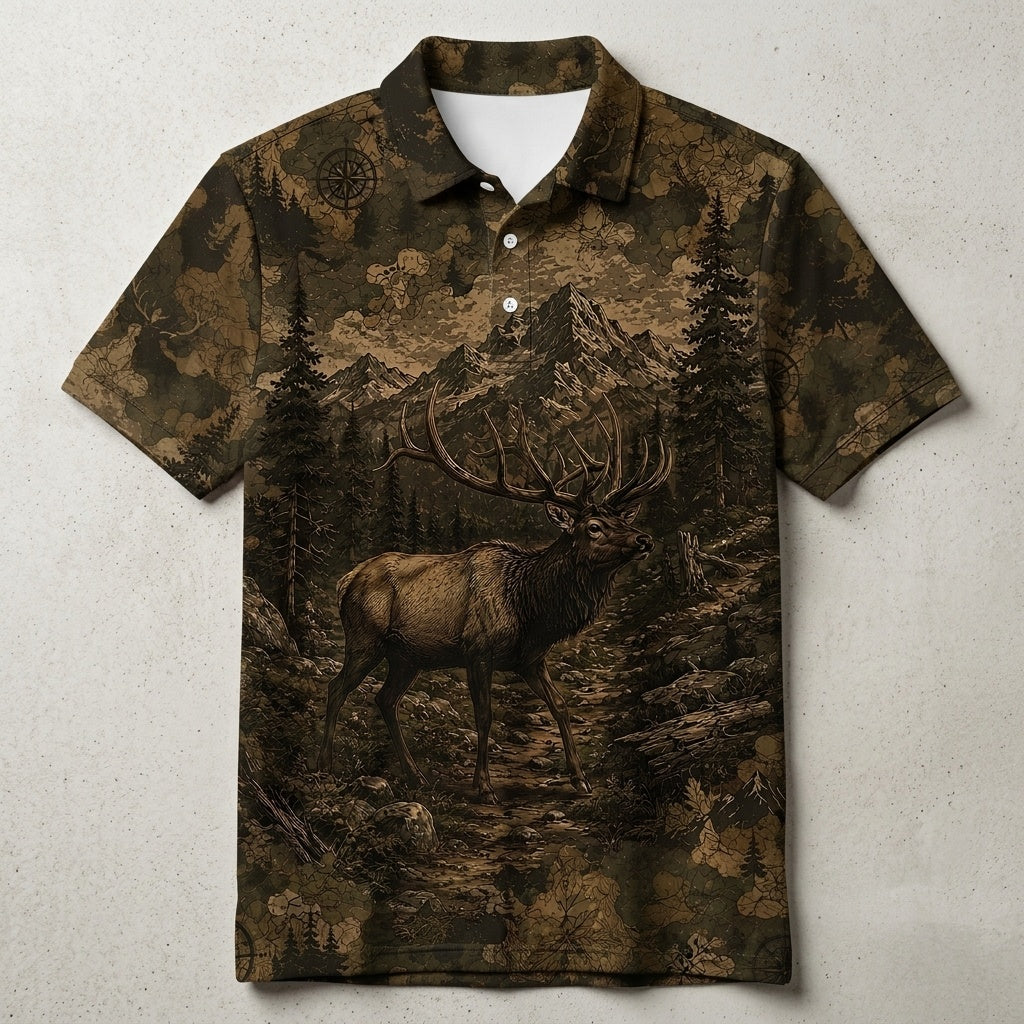 Elk Forest Camouflage Dark Men Polo Shirt