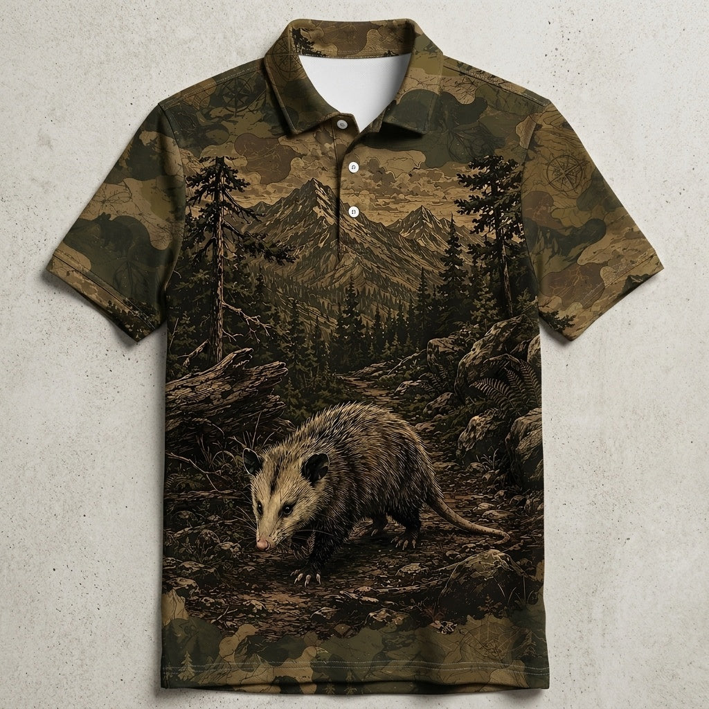 Opossum Forest Camouflage Dark Men Polo Shirt