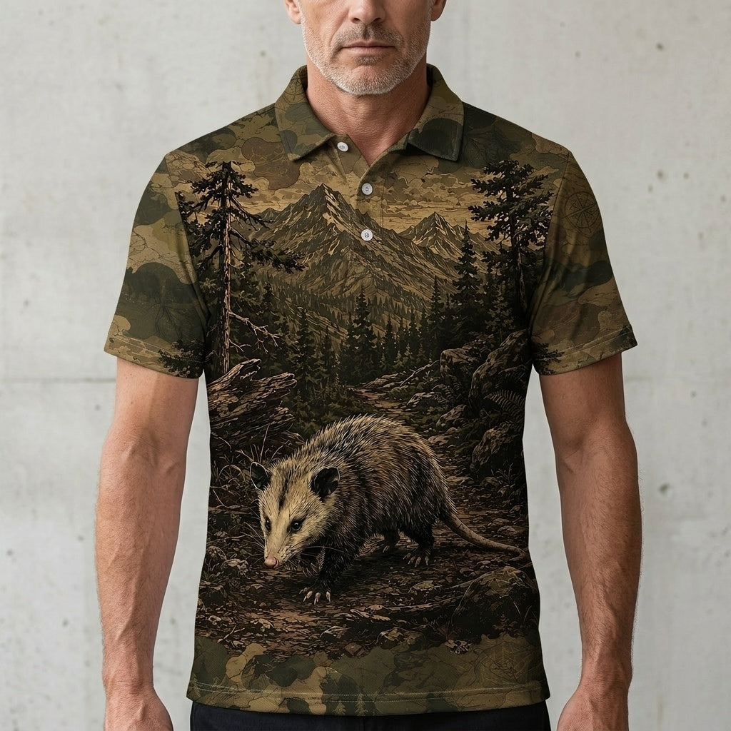 Opossum Forest Camouflage Dark Men Polo Shirt