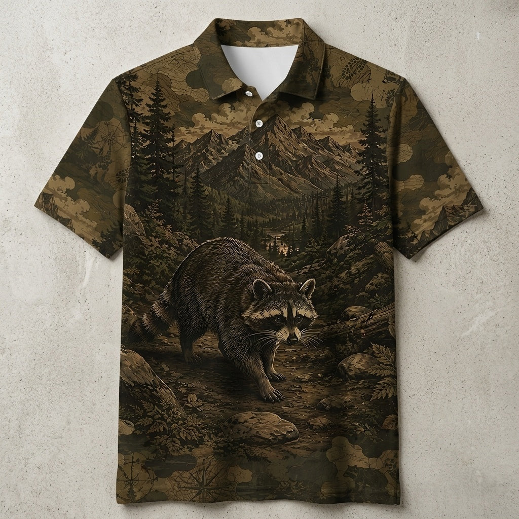Racoon Forest Camouflage Dark Men Polo Shirt