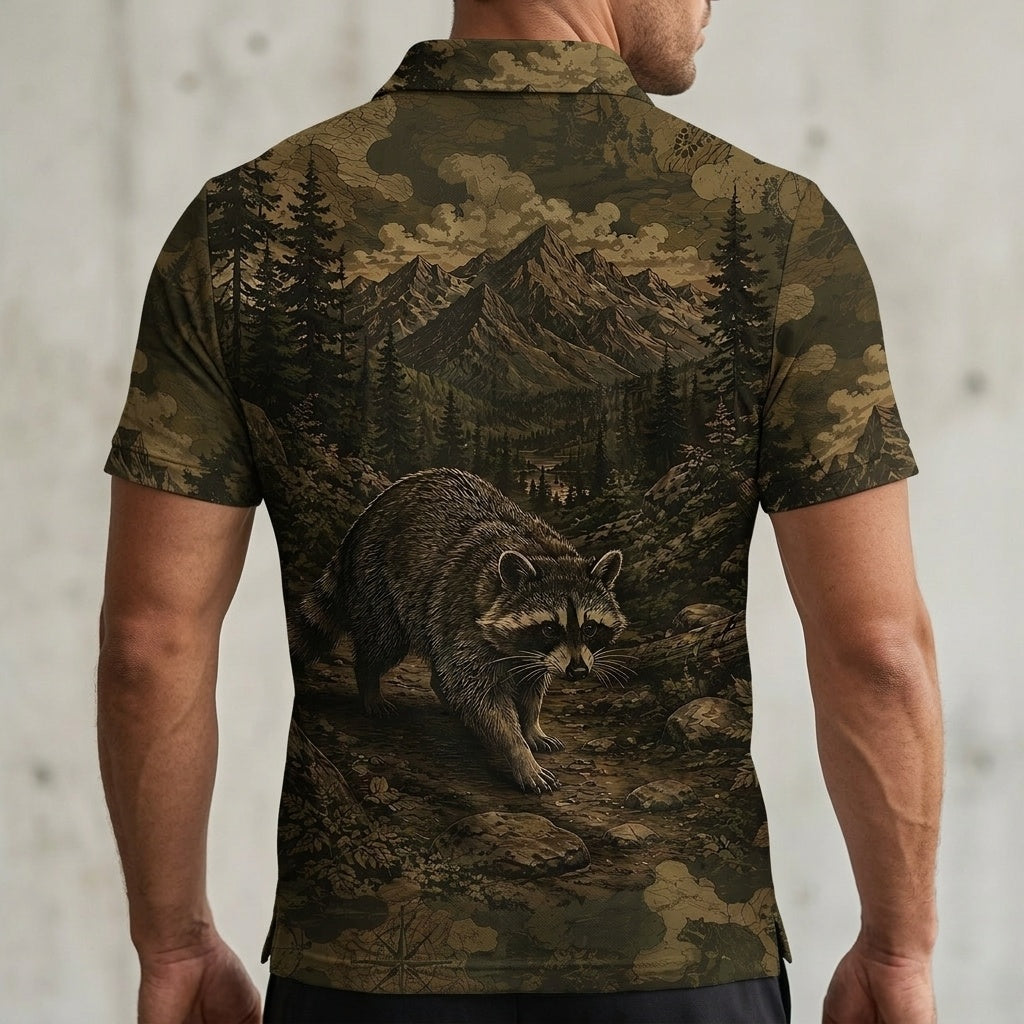 Racoon Forest Camouflage Dark Men Polo Shirt
