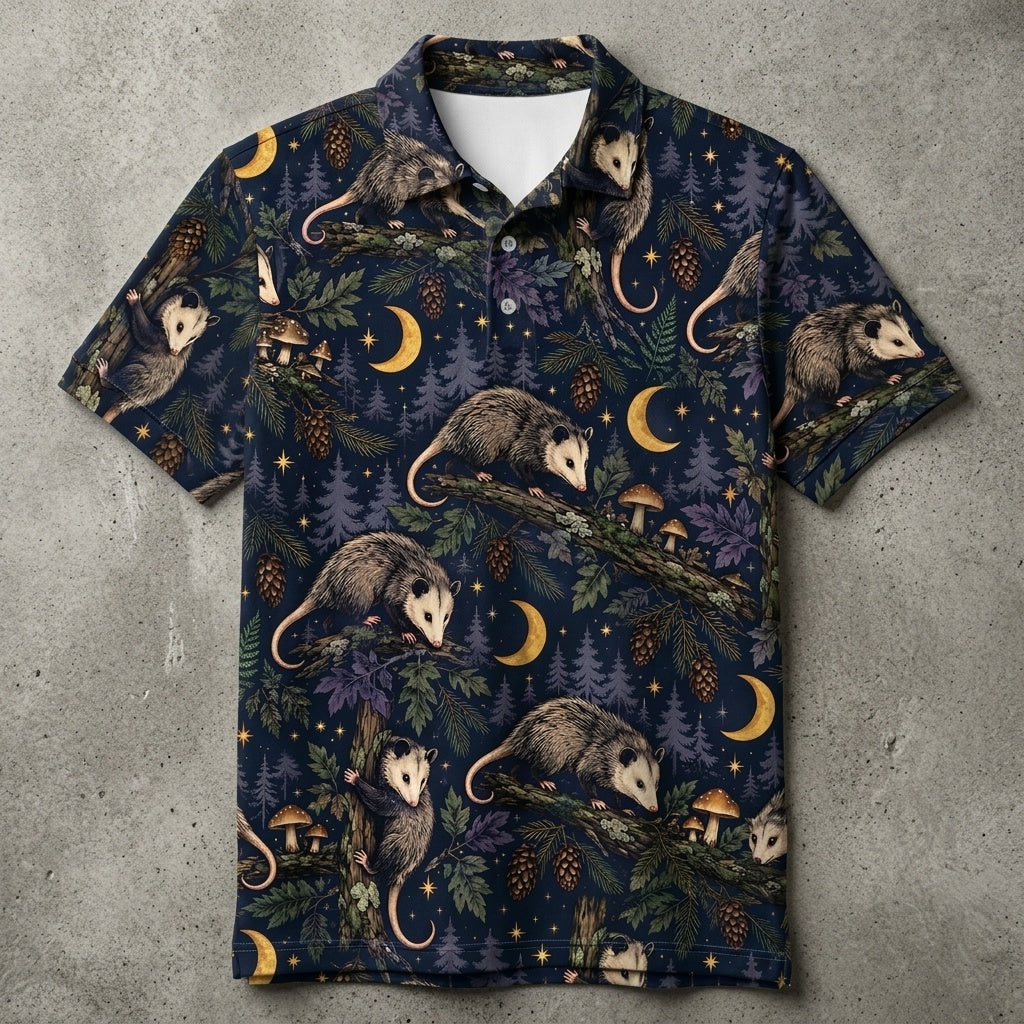 Moonlit Opossum Forest Pattern Men Polo Shirt