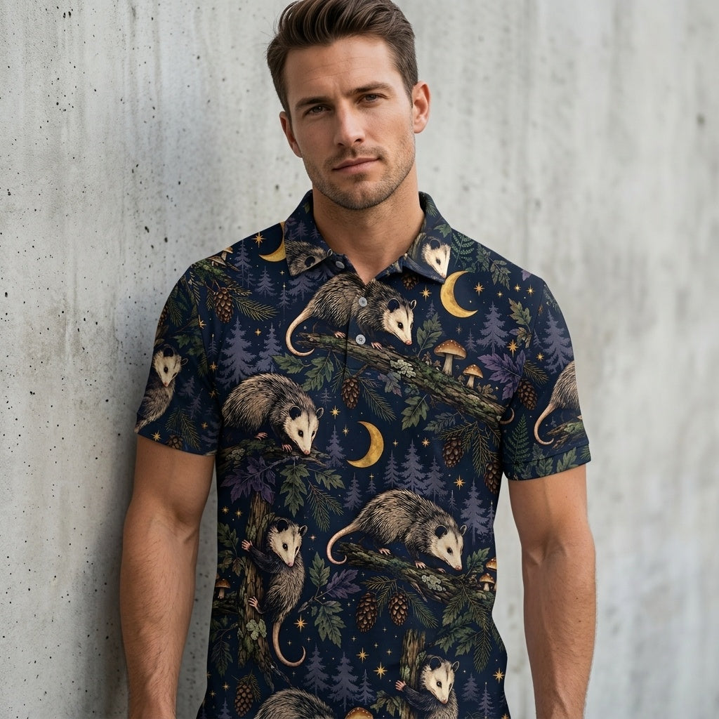 Moonlit Opossum Forest Pattern Men Polo Shirt