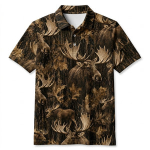Vintage Moose Art Camo Men Polo Shirt