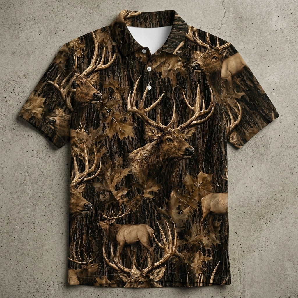 Vintage Elk Art Camo Men Polo Shirt