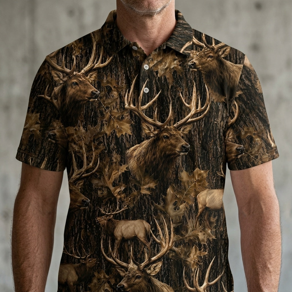 Vintage Elk Art Camo Men Polo Shirt