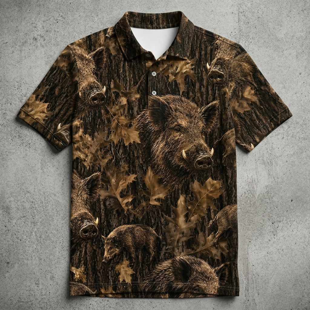 Vintage Feral Pig Art Camo Men Polo Shirt