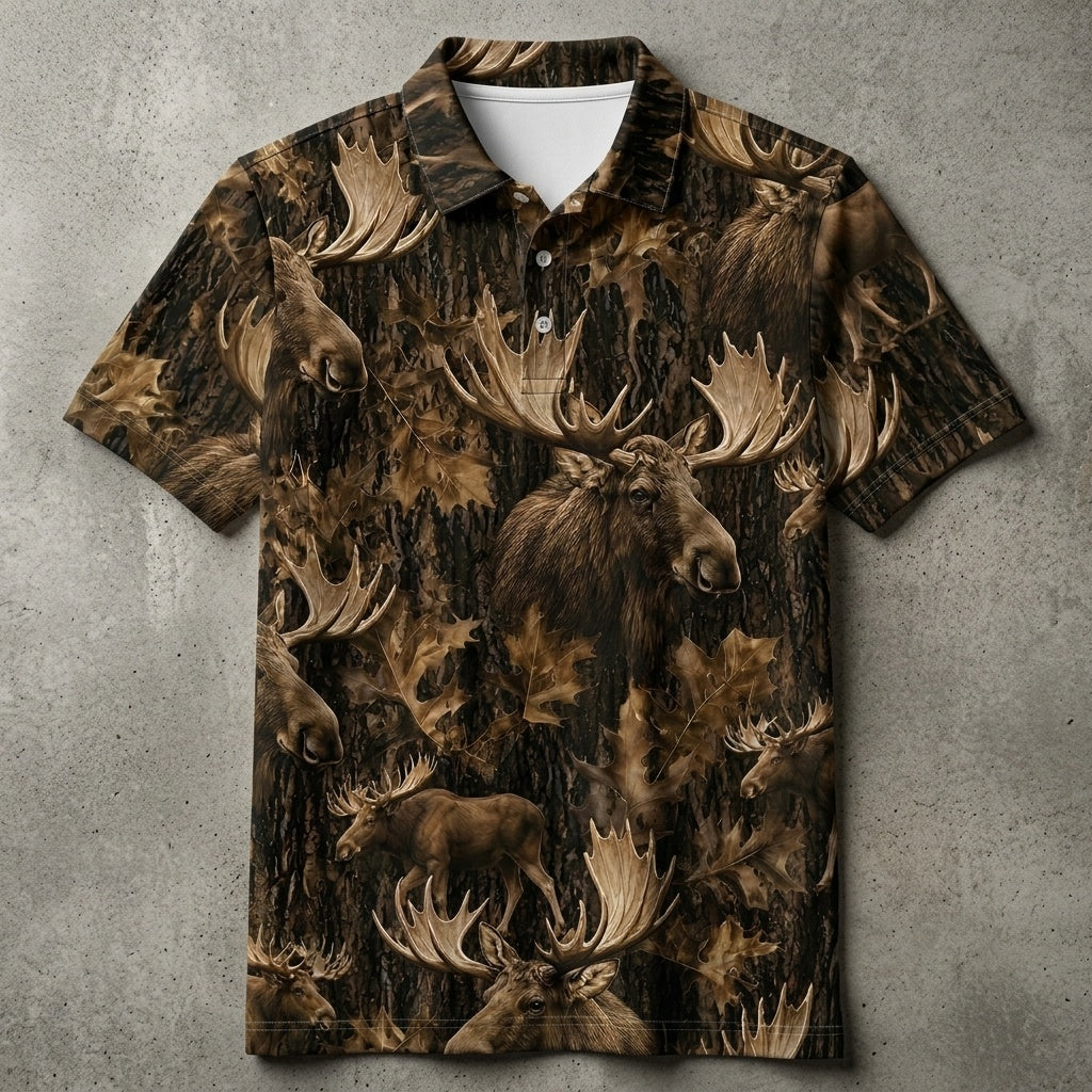 Vintage Moose Art Camo Men Polo Shirt
