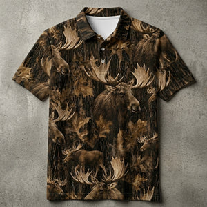 Vintage Moose Art Camo Men Polo Shirt