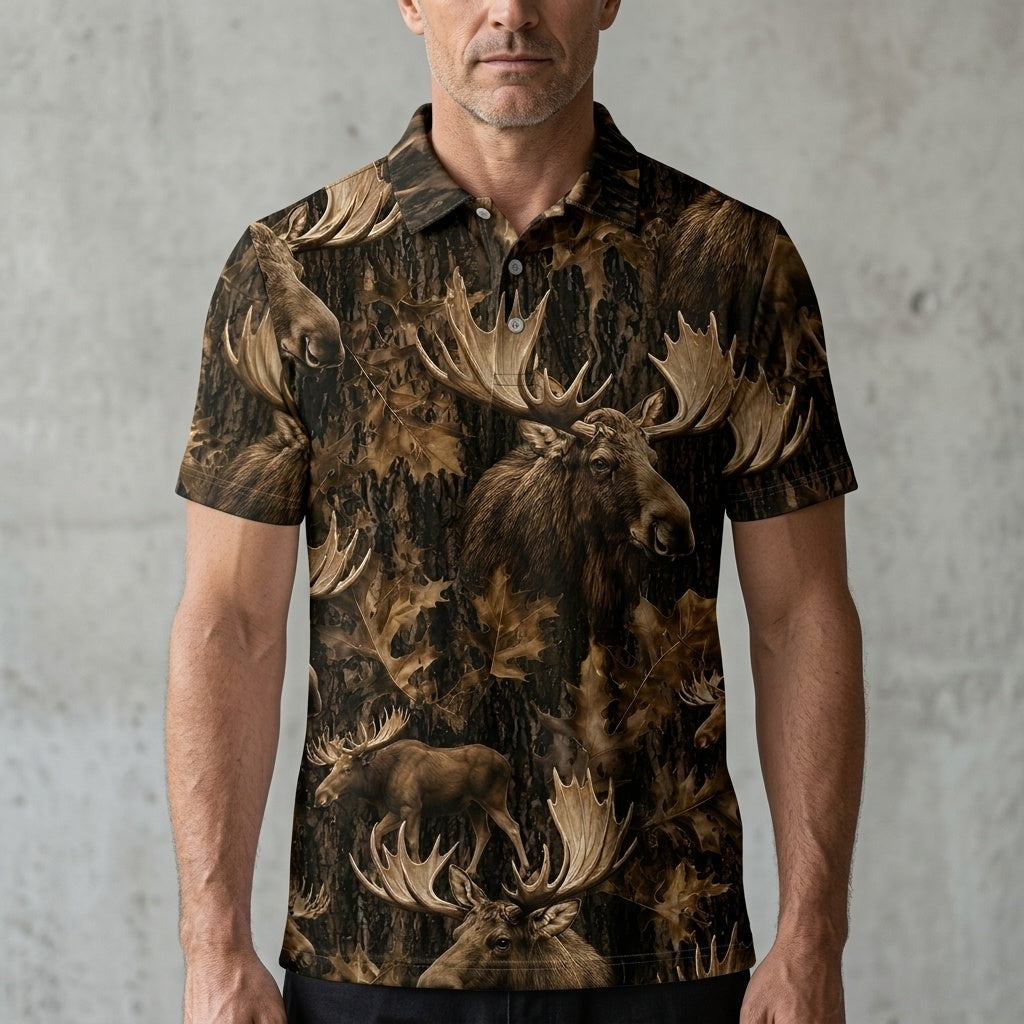 Vintage Moose Art Camo Men Polo Shirt