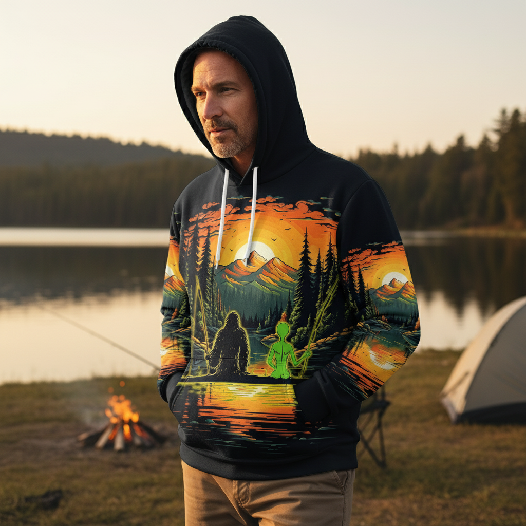 Bigfoot And Alien Fishing Night All Over Print Shirt