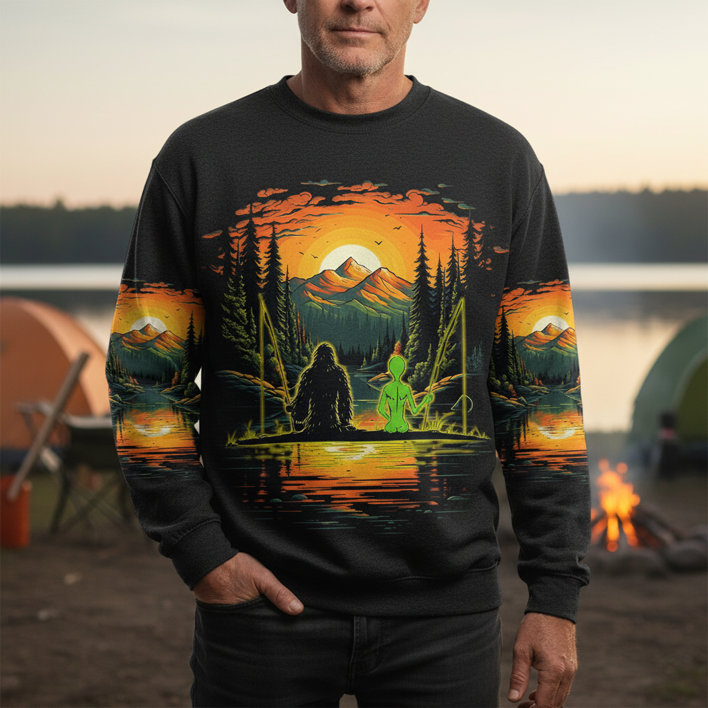 Bigfoot And Alien Fishing Night All Over Print Shirt