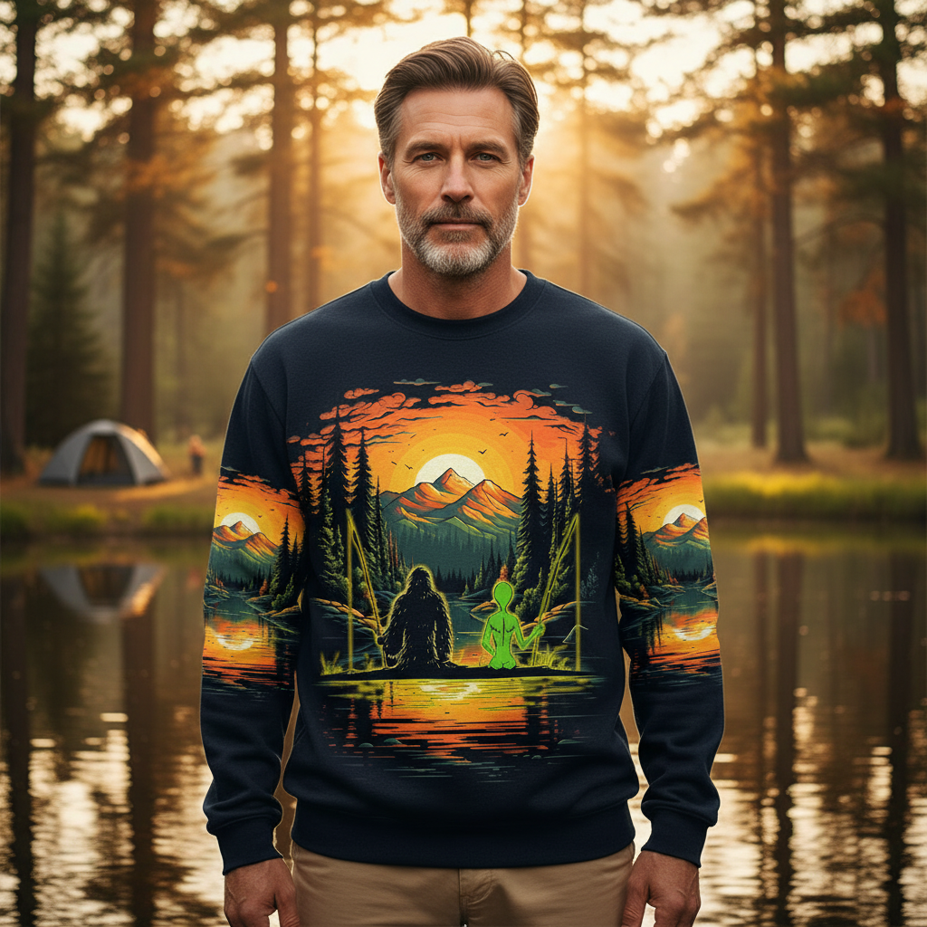 Bigfoot And Alien Fishing Night All Over Print Shirt