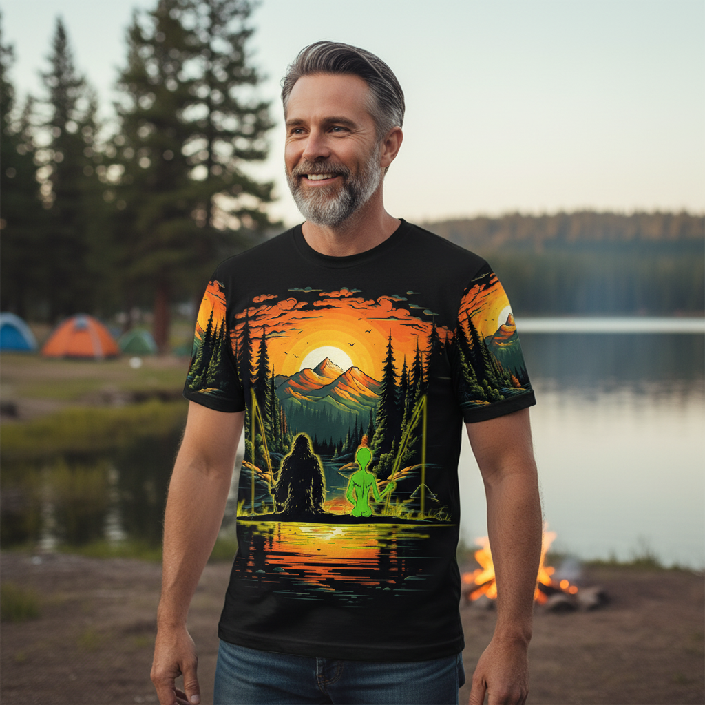 Bigfoot And Alien Fishing Night All Over Print Shirt