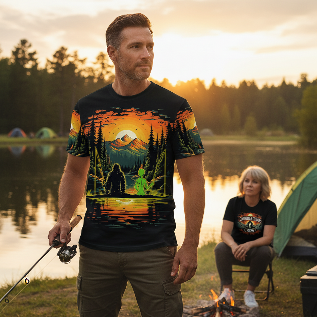 Bigfoot And Alien Fishing Night All Over Print Shirt