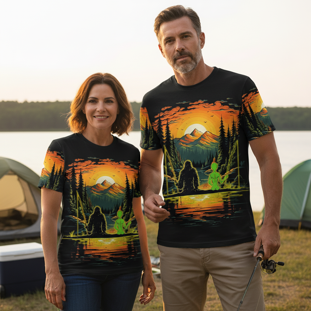 Bigfoot And Alien Fishing Night All Over Print Shirt