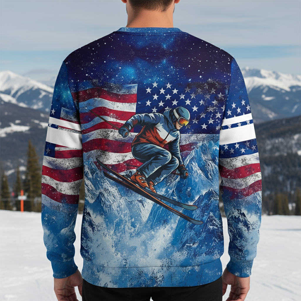 Patriotic USA Skiing Galaxy Winter All Over Print Shirt