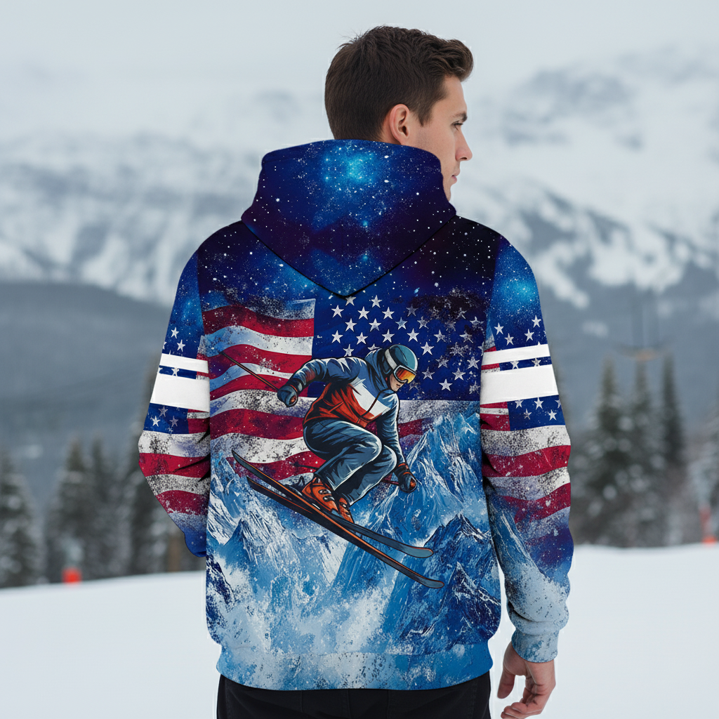 Patriotic USA Skiing Galaxy Winter All Over Print Shirt