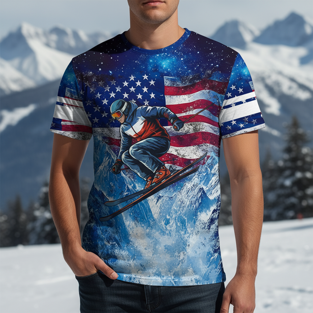 Patriotic USA Skiing Galaxy Winter All Over Print Shirt