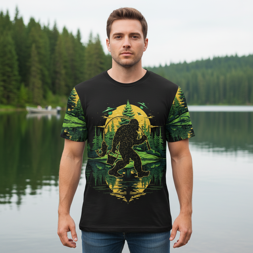 Bigfoot Fishing Green Alien Forest All Over Print Shirt