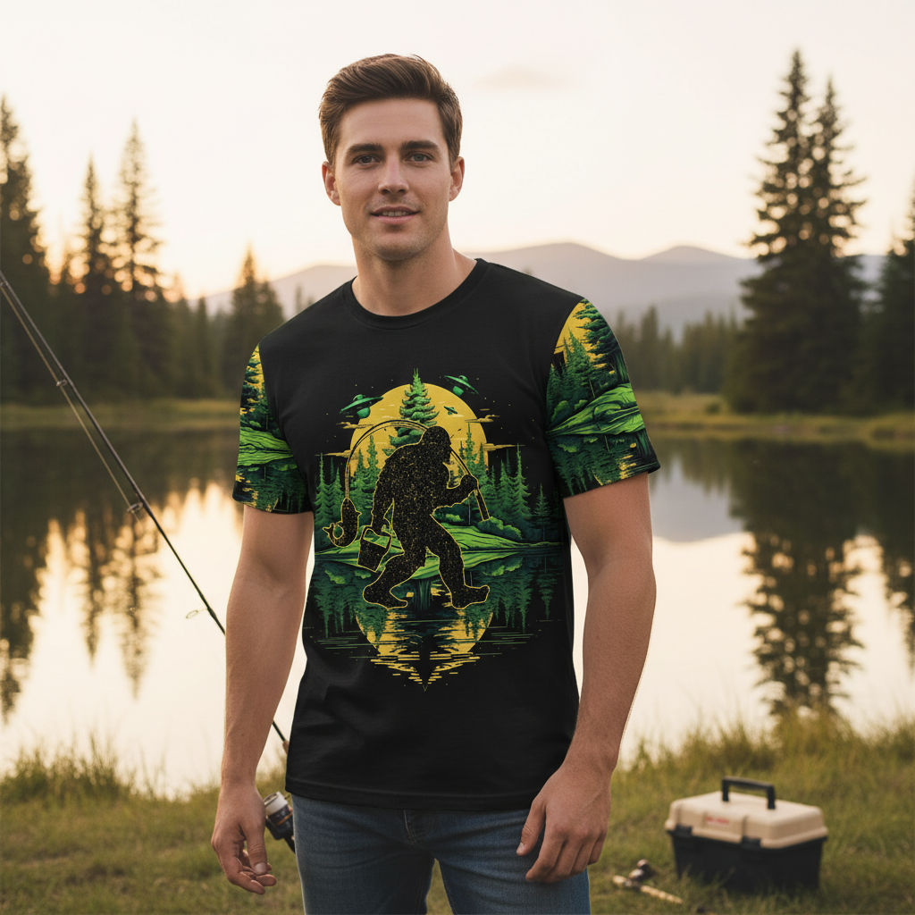 Bigfoot Fishing Green Alien Forest All Over Print Shirt