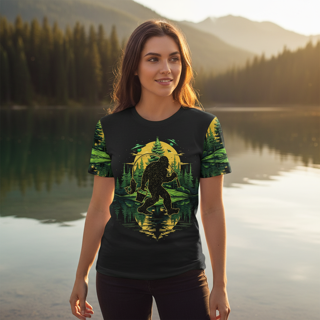 Bigfoot Fishing Green Alien Forest All Over Print Shirt