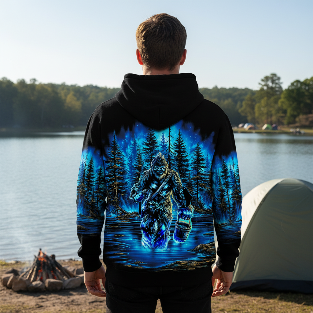 Bigfoot Fishing Blue Moon Light All Over Print Shirt